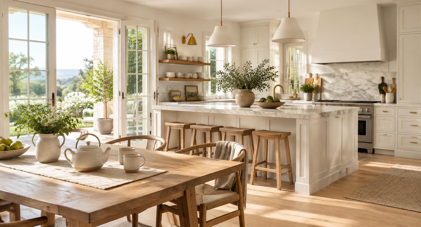 A sunlit cream kitchen with tea set on a wood table