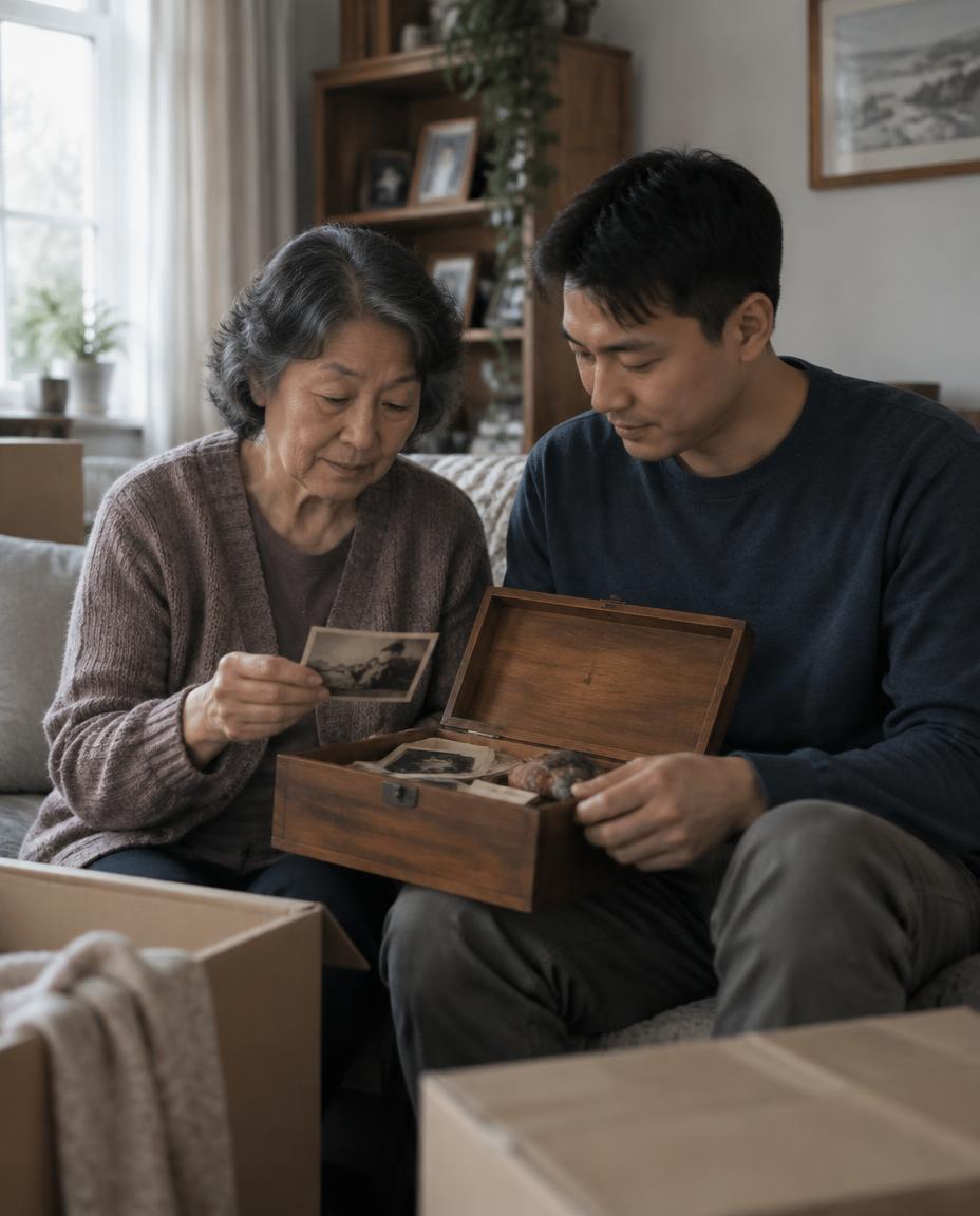Two people on a sofa looking through a keepsake box beside packed boxes
