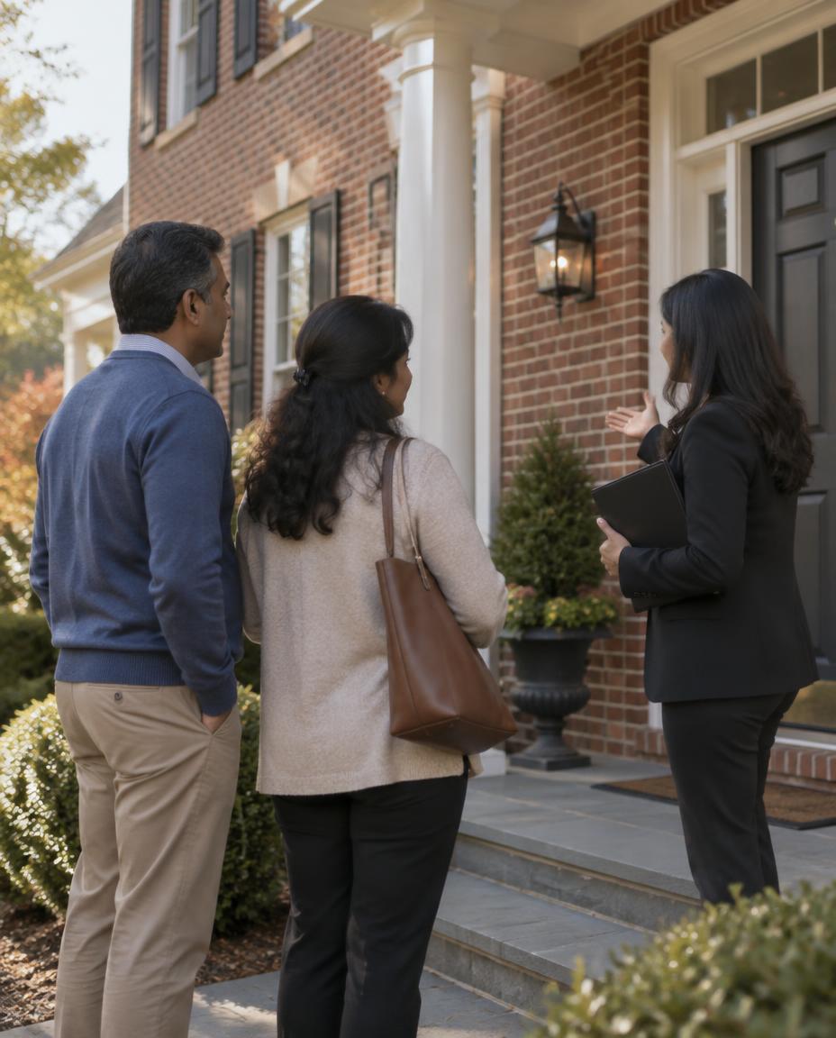 A couple talking with a real estate broker holding a folder on a brick home’s front porch